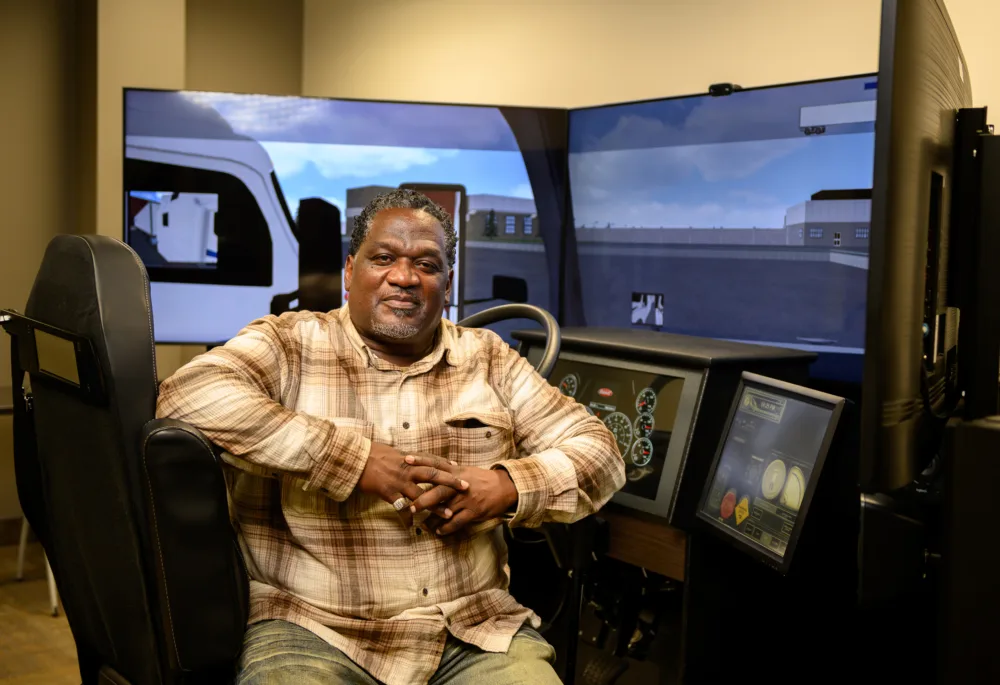 Mature worker training in a commercial driving simulator for skilled trades and free job training for seniors 55+ in SC.