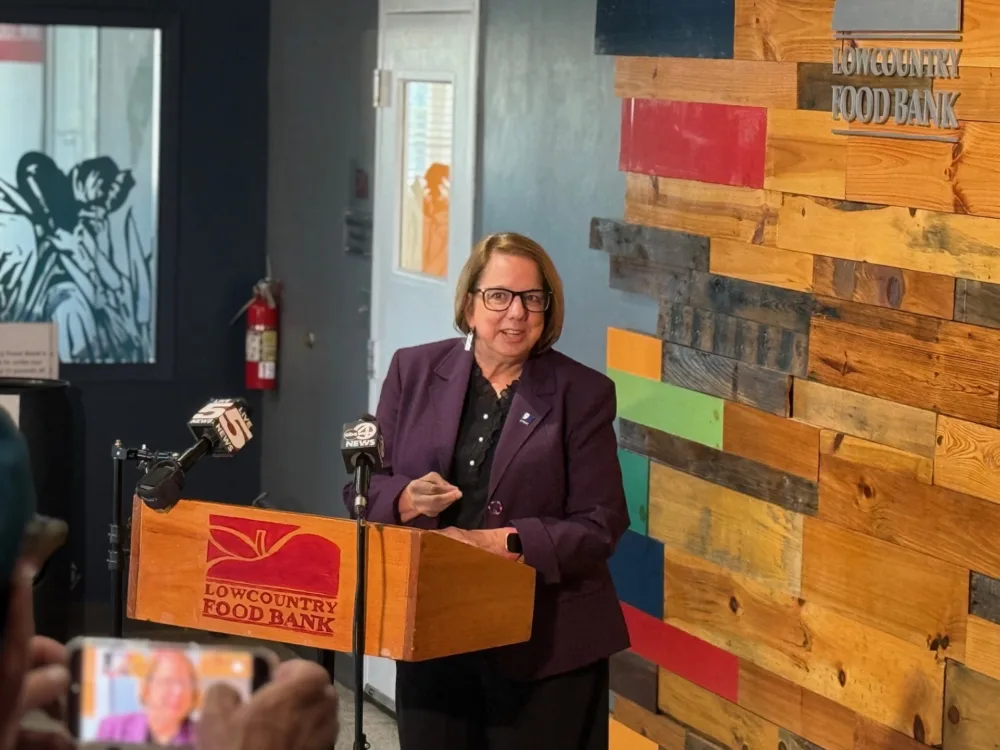Mary Ann Gilmer, speaking at a podium with the Lowcountry Food Bank logo, in front of a rustic wooden wall.