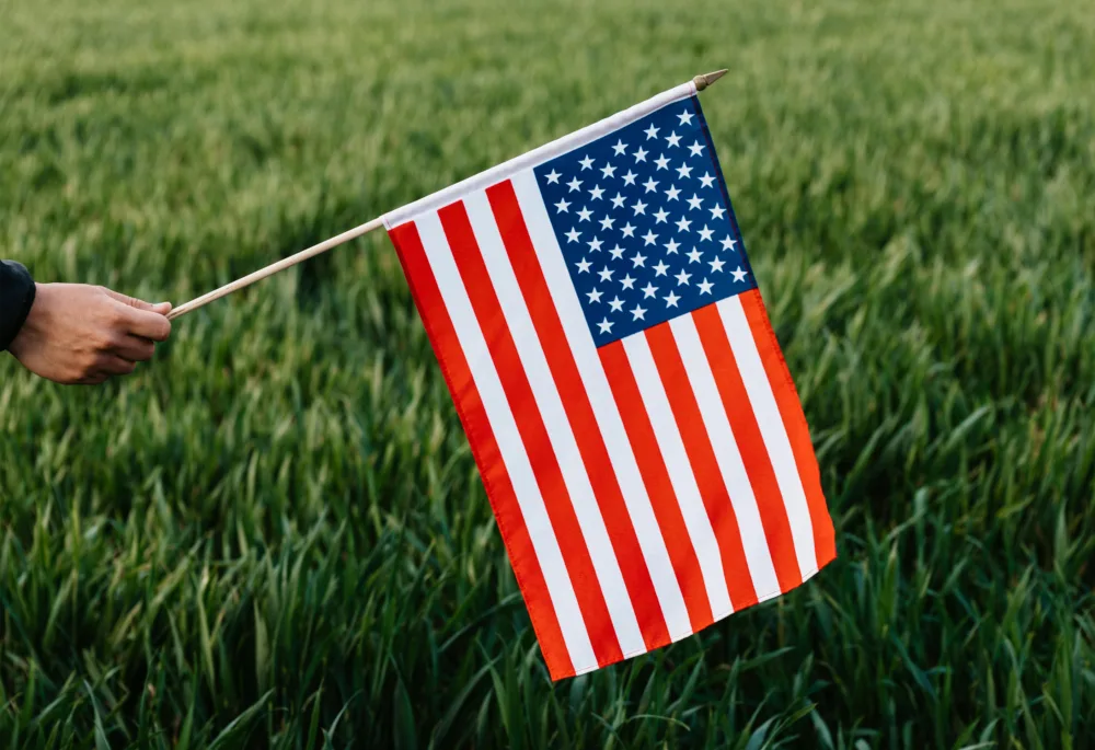 Hand holding American flag in a green field, symbolizing veteran commitment and Palmetto Goodwill's career support mission in South Carolina.