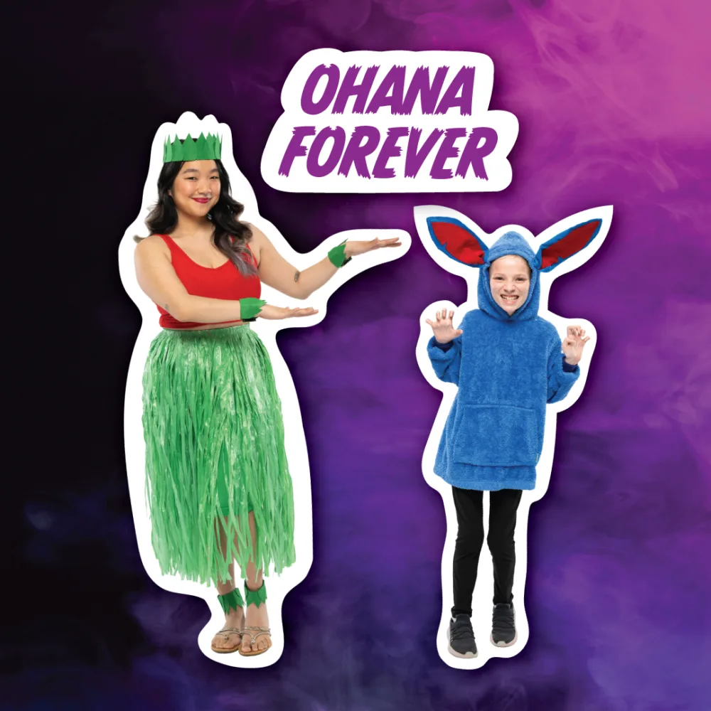 Two children dressed in Pop Culture costumes (Lilo and Stitch theme), illustrating easy and affordable thrifted group costume ideas.